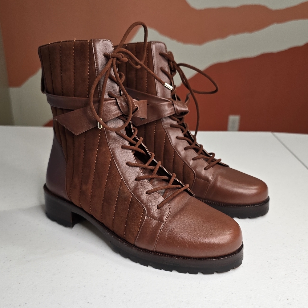 Alexandre Birman Clarita Quilted Suede Combat Booties Rum Brown Women's US‎ 7